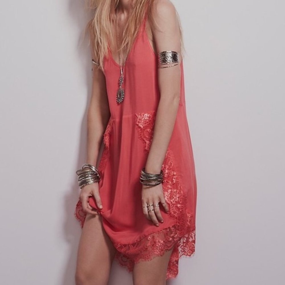 Free People Coral Lace-Trim Slip Dress
